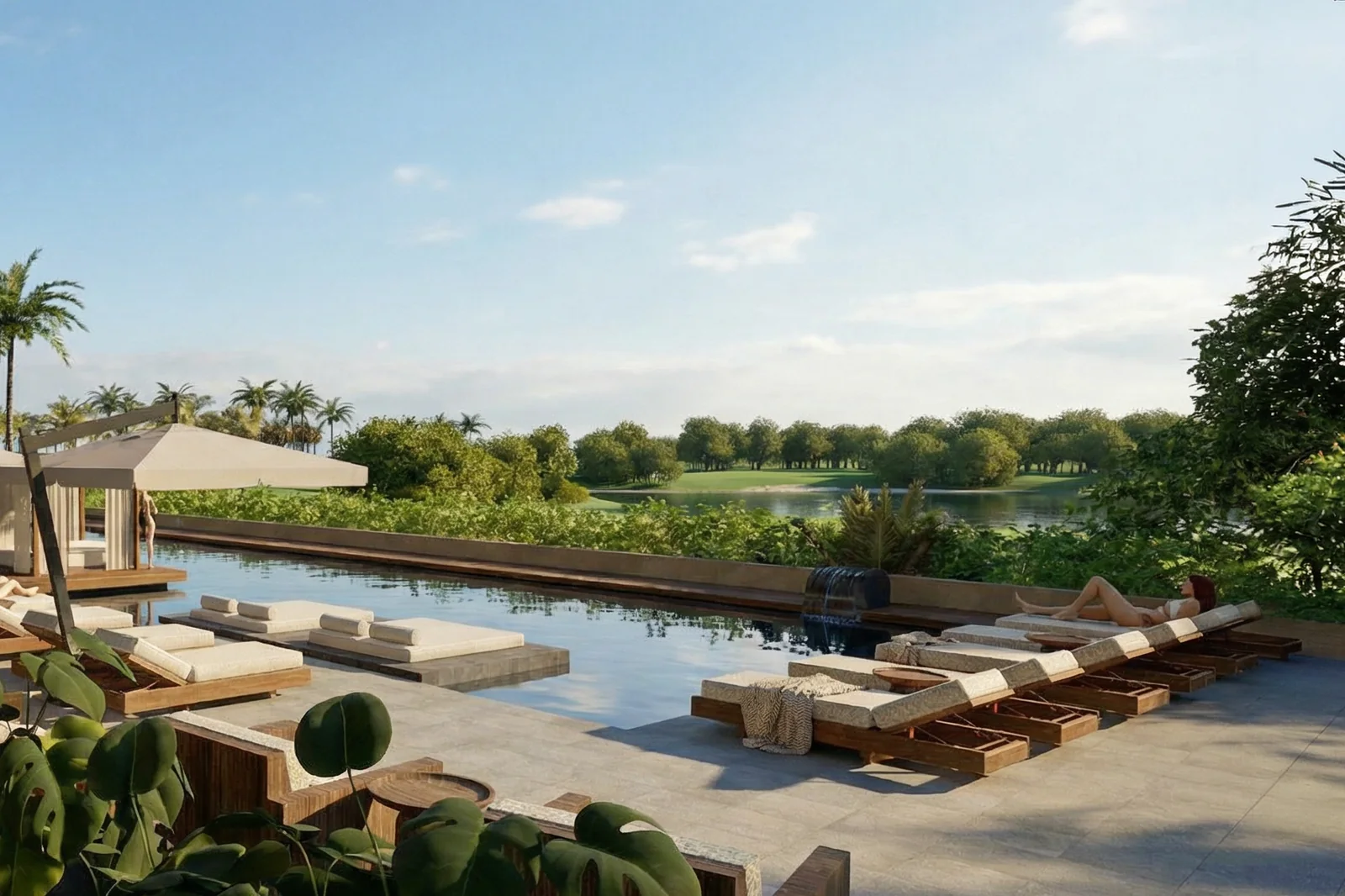 The pool terrace at Avanti looking out over the fairway and lake of the Marina Vallarta Golf Club